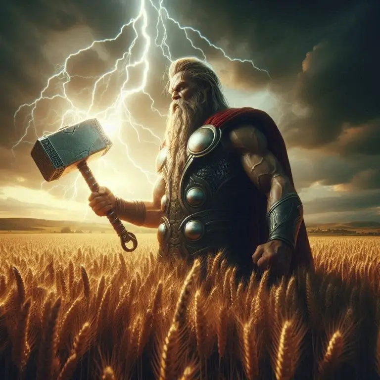 A-Nordic-god-facing-forward-holding-Thors-hammer-in-a-barley